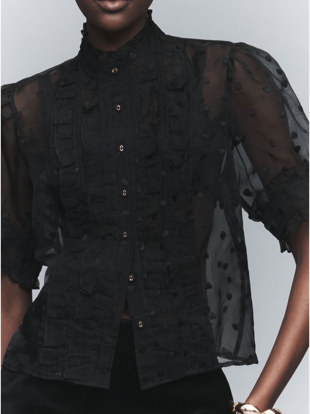 Anthropologie Maeve Puff Sleeve Sheer Ruffle Blouse Black Ruffle Top Sz S NEW
